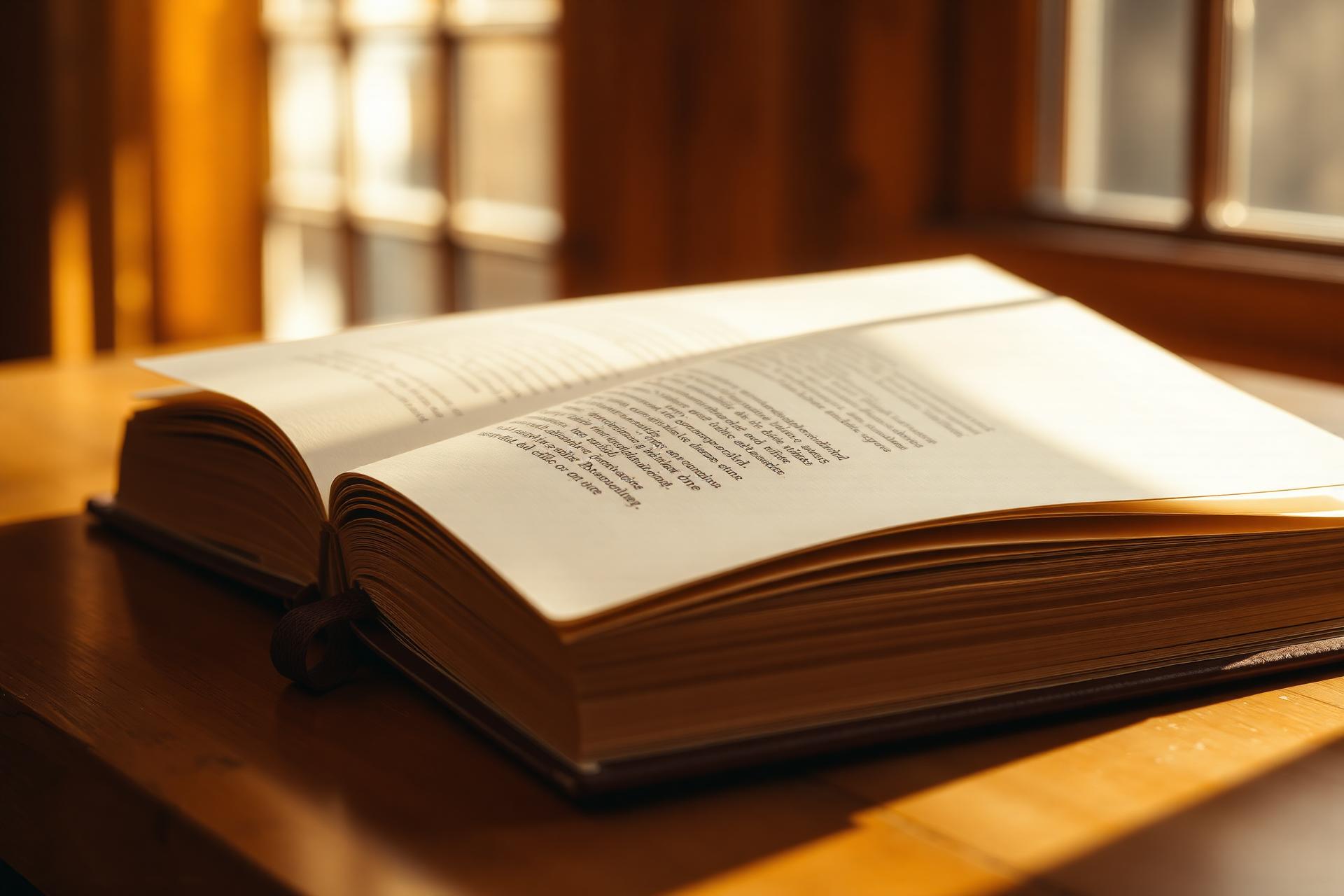 An open book bathed in warm window light